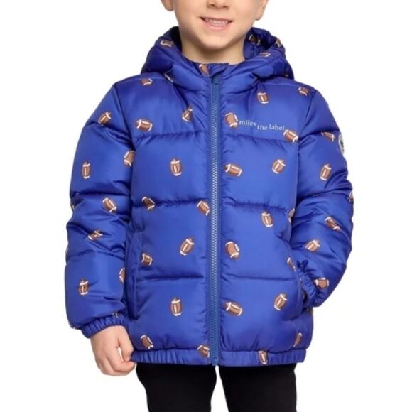 Miles The Label Other - Miles The Label Boys Hooded Puffer Jacket Football Print Blue Size 4T